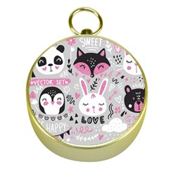 Big Set With Cute Cartoon Animals Bear Panda Bunny Penguin Cat Fox Gold Compasses by Vaneshart