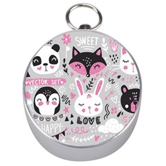 Big Set With Cute Cartoon Animals Bear Panda Bunny Penguin Cat Fox Silver Compasses by Vaneshart