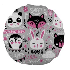 Big Set With Cute Cartoon Animals Bear Panda Bunny Penguin Cat Fox Large 18  Premium Flano Round Cushions by Vaneshart