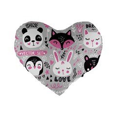 Big Set With Cute Cartoon Animals Bear Panda Bunny Penguin Cat Fox Standard 16  Premium Flano Heart Shape Cushions by Vaneshart