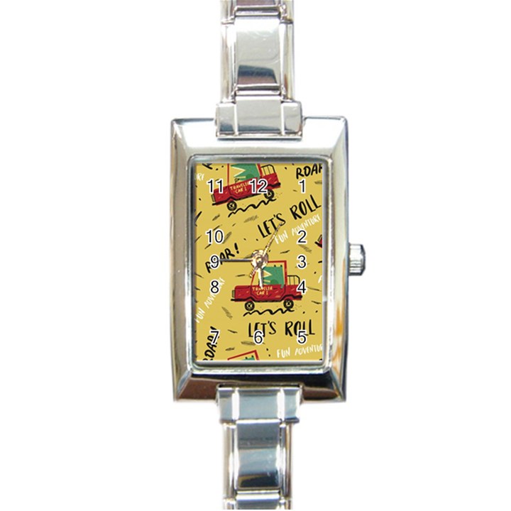 Childish Seamless Pattern With Dino Driver Rectangle Italian Charm Watch