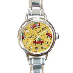 Childish Seamless Pattern With Dino Driver Round Italian Charm Watch by Vaneshart