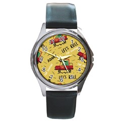 Childish Seamless Pattern With Dino Driver Round Metal Watch by Vaneshart