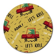 Childish Seamless Pattern With Dino Driver Round Mousepads