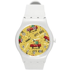 Childish Seamless Pattern With Dino Driver Round Plastic Sport Watch (m) by Vaneshart