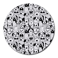 Seamless Pattern With Black White Doodle Dogs Round Mousepads