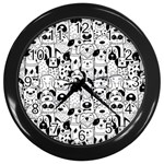 Seamless Pattern With Black White Doodle Dogs Wall Clock (Black) Front