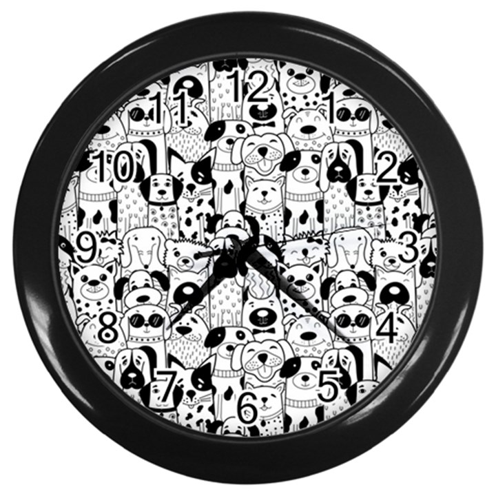 Seamless Pattern With Black White Doodle Dogs Wall Clock (Black)