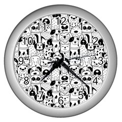 Seamless Pattern With Black White Doodle Dogs Wall Clock (silver) by Vaneshart