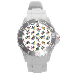 Seamless Pattern With Hand Drawn Bird Black Round Plastic Sport Watch (l) by Vaneshart