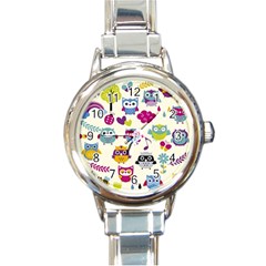 Funny Colorful Owls Round Italian Charm Watch by Vaneshart