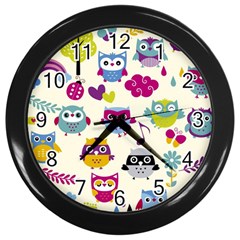 Funny Colorful Owls Wall Clock (black) by Vaneshart