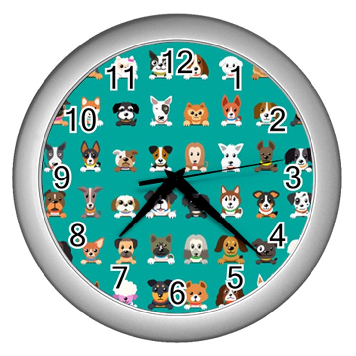 Different Type Vector Cartoon Dog Faces Wall Clock (Silver)