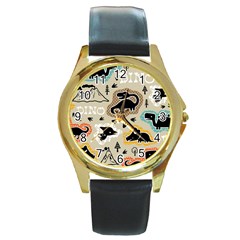 Seamless Pattern With Dinosaurs Silhouette Round Gold Metal Watch by Vaneshart