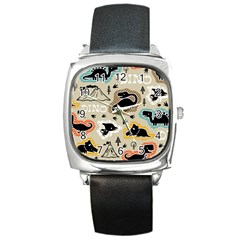 Seamless Pattern With Dinosaurs Silhouette Square Metal Watch by Vaneshart