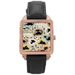 Seamless Pattern With Dinosaurs Silhouette Rose Gold Leather Watch  Front