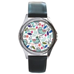 Floral Pattern With Birds Flowers Leaves Dark Background Round Metal Watch by Vaneshart