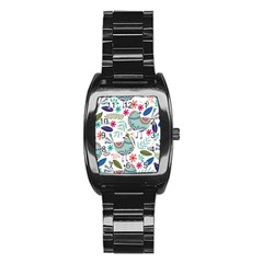 Floral Pattern With Birds Flowers Leaves Dark Background Stainless Steel Barrel Watch by Vaneshart