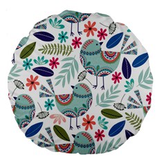 Floral Pattern With Birds Flowers Leaves Dark Background Large 18  Premium Flano Round Cushions by Vaneshart