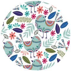 Floral Pattern With Birds Flowers Leaves Dark Background Wooden Puzzle Round