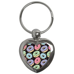 Colorful Donut Seamless Pattern On Black Vector Key Chain (heart) by Sobalvarro