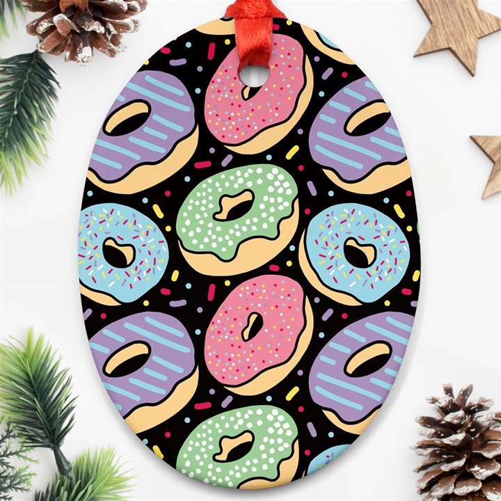 Colorful Donut Seamless Pattern On Black Vector Oval Ornament (Two Sides)