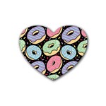 Colorful Donut Seamless Pattern On Black Vector Rubber Coaster (Heart)  Front