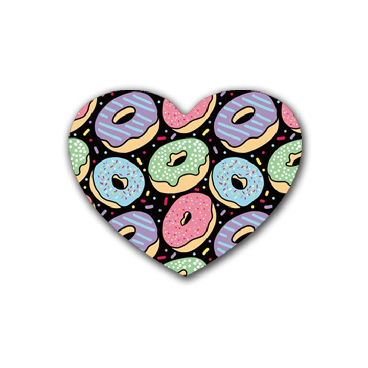 Colorful Donut Seamless Pattern On Black Vector Rubber Coaster (Heart) 