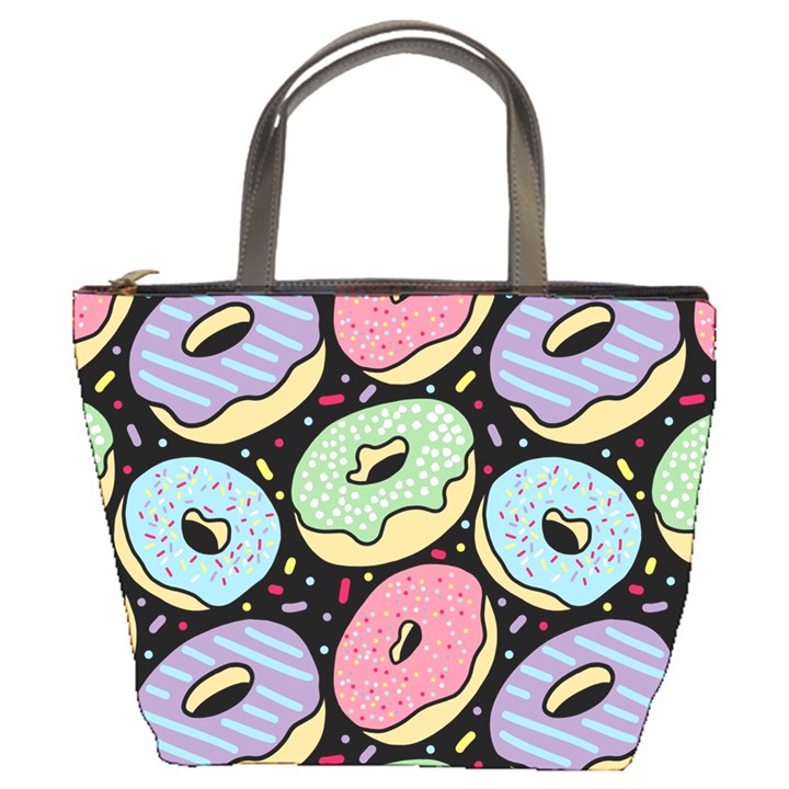 Colorful Donut Seamless Pattern On Black Vector Bucket Bag