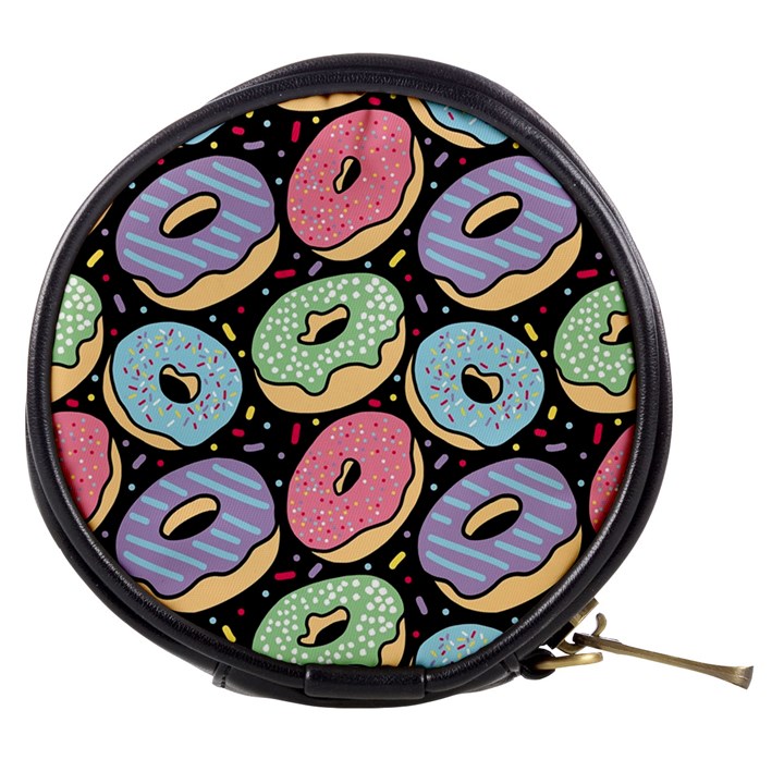 Colorful Donut Seamless Pattern On Black Vector Mini Makeup Bag