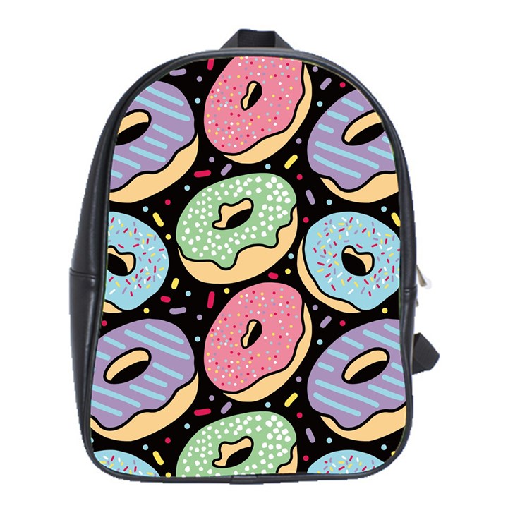 Colorful Donut Seamless Pattern On Black Vector School Bag (XL)