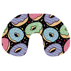 Colorful Donut Seamless Pattern On Black Vector Travel Neck Pillow by Sobalvarro