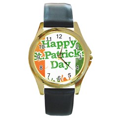 Happy St Patricks Day Design Round Gold Metal Watch by dflcprintsclothing