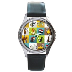 Egypt Travel Items Icons Set Flat Style Round Metal Watch by Wegoenart