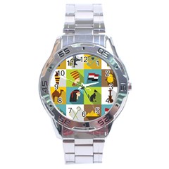 Egypt Travel Items Icons Set Flat Style Stainless Steel Analogue Watch by Wegoenart