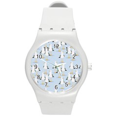 Cute Seagulls Seamless Pattern Light Blue Background Round Plastic Sport Watch (m) by Wegoenart