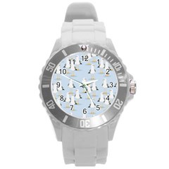 Cute Seagulls Seamless Pattern Light Blue Background Round Plastic Sport Watch (l) by Wegoenart