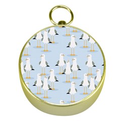 Cute Seagulls Seamless Pattern Light Blue Background Gold Compasses by Wegoenart