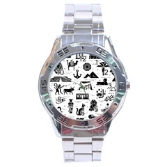 Dark Seamless Pattern Symbols Landmarks Signs Egypt Stainless Steel Analogue Watch by Wegoenart