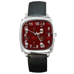 Tattoo Old School Background Pattern Square Metal Watch by Wegoenart