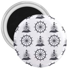 Marine Nautical Seamless Pattern With Vintage Lighthouse Wheel 3  Magnets by Wegoenart