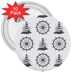 Marine Nautical Seamless Pattern With Vintage Lighthouse Wheel 3  Buttons (10 Pack)  by Wegoenart