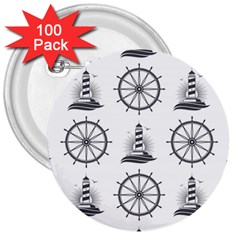 Marine Nautical Seamless Pattern With Vintage Lighthouse Wheel 3  Buttons (100 Pack)  by Wegoenart