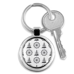 Marine Nautical Seamless Pattern With Vintage Lighthouse Wheel Key Chain (round) by Wegoenart