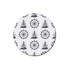 Marine Nautical Seamless Pattern With Vintage Lighthouse Wheel Rubber Coaster (round)  by Wegoenart