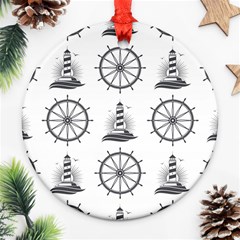 Marine Nautical Seamless Pattern With Vintage Lighthouse Wheel Round Ornament (two Sides) by Wegoenart