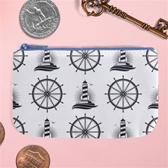 Marine Nautical Seamless Pattern With Vintage Lighthouse Wheel Large Coin Purse by Wegoenart