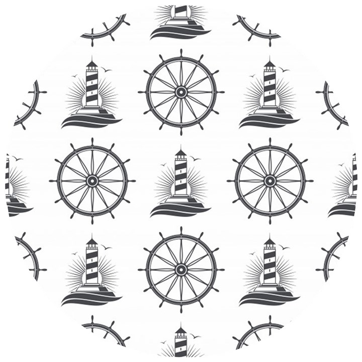 Marine Nautical Seamless Pattern With Vintage Lighthouse Wheel Wooden Puzzle Round