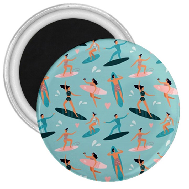 Beach Surfing Surfers With Surfboards Surfer Rides Wave Summer Outdoors Surfboards Seamless Pattern 3  Magnets