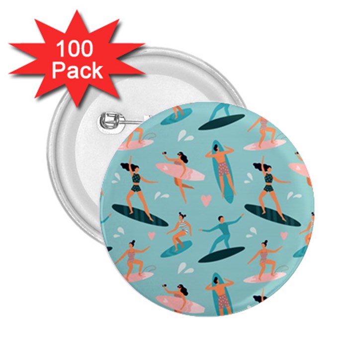 Beach Surfing Surfers With Surfboards Surfer Rides Wave Summer Outdoors Surfboards Seamless Pattern 2.25  Buttons (100 pack) 